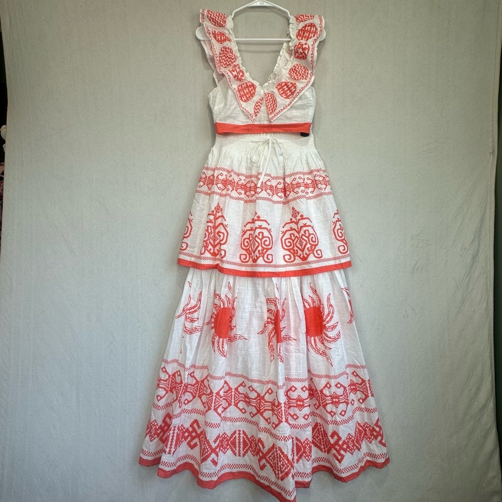 NWT L'ATISTE 2-Piece Maxi Skirt Crop Top White Orange Geometric Beach Vacay Sz S